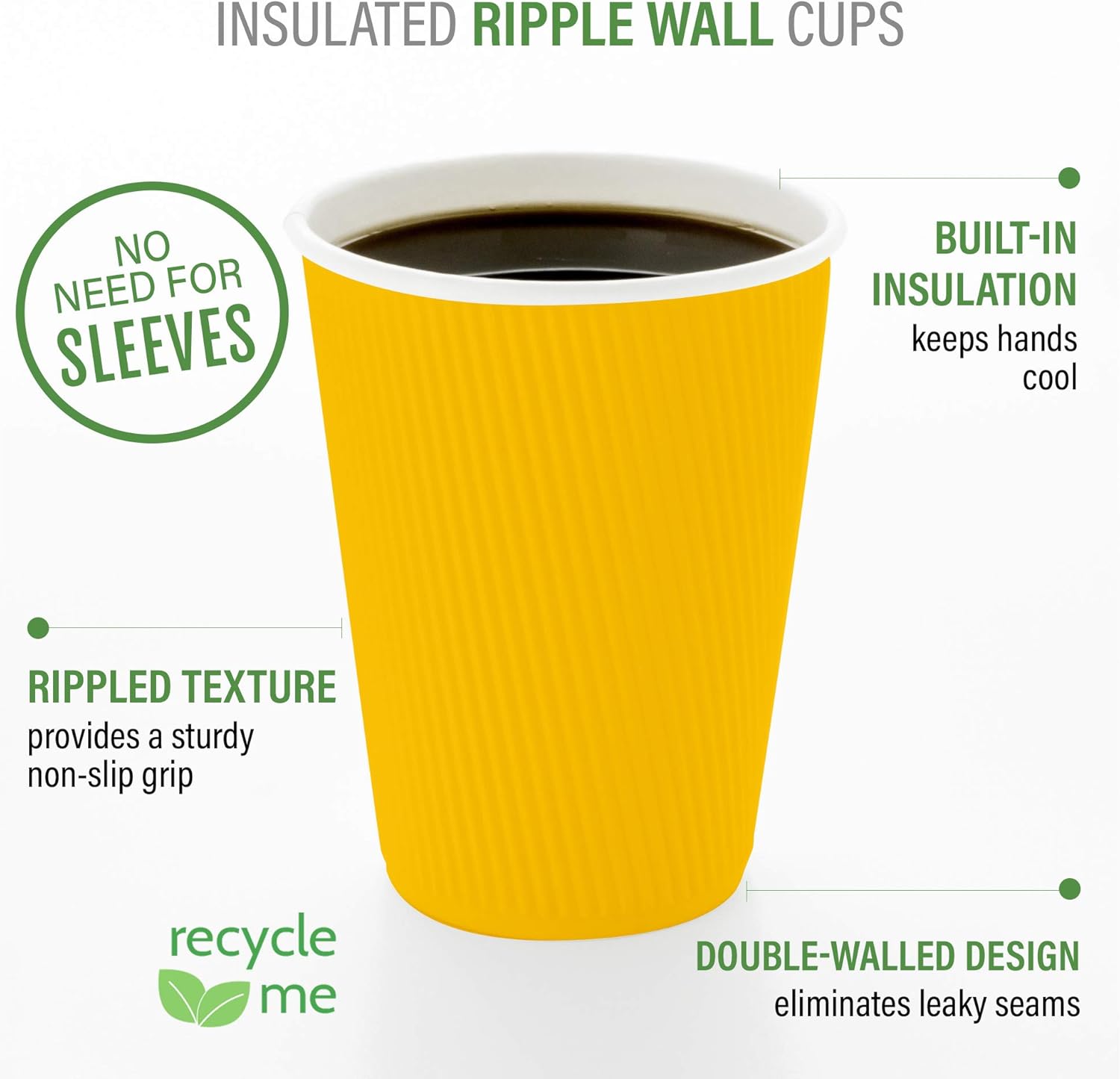 Restaurantware-4 Ounce Paper Coffee Cups, 25 Ripple Wall Disposable Paper Cups - Leakproof, Recyclable, Yellow Paper Hot Cups, Insulated, Matching Lids Sold Separately