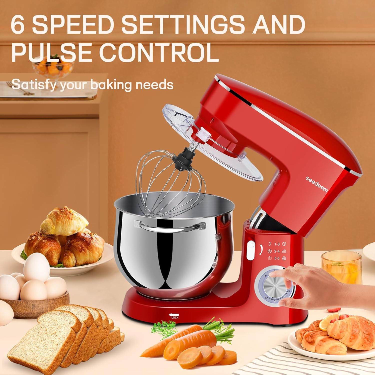 SEEDEEM Stand Mixer, 8.5 Qt 660W Tilt-Head Kitchen Mixer with 6+P Speeds, Dough Hook, Wire Whip & Beater, Dishwasher-Safe Attachments, Red – Ideal for Baking & Daily Use, Red