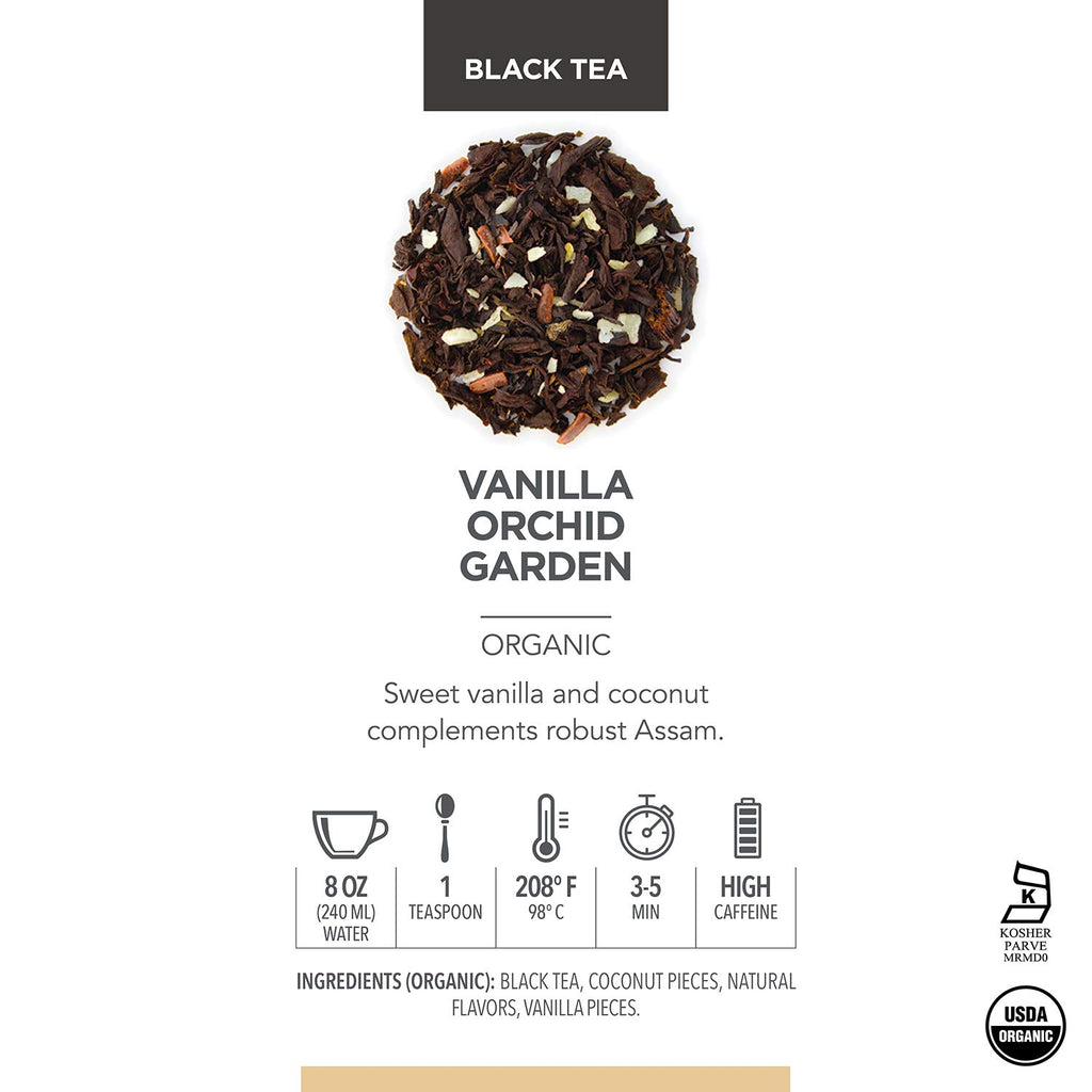 Teabloom Organic Black Tea, Vanilla Orchid Garden Loose Leaf Tea, USDA Certified Organic and Kosher Certified, 2.80 Ounce Canister Makes 35-50 Cups
