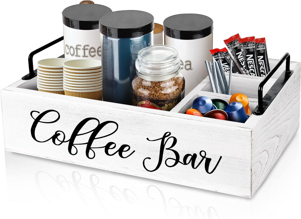 Coffee Station Organizer Wooden Coffee Bar Holder Accessories for Countertop, Farmhouse Kcup Pod Storage Basket with Handle - White
