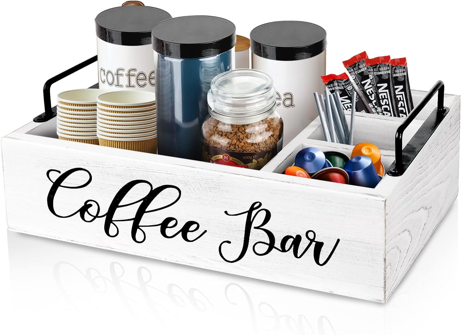 Coffee Station Organizer Wooden Coffee Bar Holder Accessories for Countertop, Farmhouse Kcup Pod Storage Basket with Handle - White