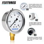 MEANLIN MEASURE 0~60Psi Stainless Steel 1/4" NPT 2.5" Single Scale FACE DIAL, Glycerin Filled Pressure Gauge, Pool Sand Filter, Lower Mount, with 1/2" NPT and 3/8" NPT Hex Bushing