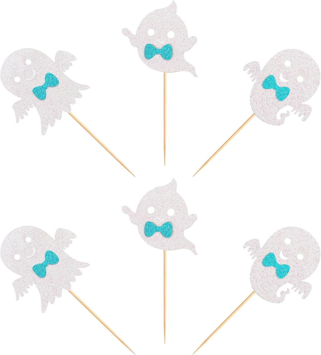24Pcs Ghost Cupcake Toppers - Bule Halloween, Bule and White Halloween Birthday Decorations, Bule Halloween Baby Shower Decor, Ghost Decorations, Halloween Gender Reveal Decorations