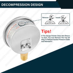 MEASUREMAN 2-1/2inch Dial Size, Liquid Filled Hydraulic Pressure Gauge, 0-5000psi/kpa, 304 Stainless Steel Case, 1/4inchNPT Lower Mount