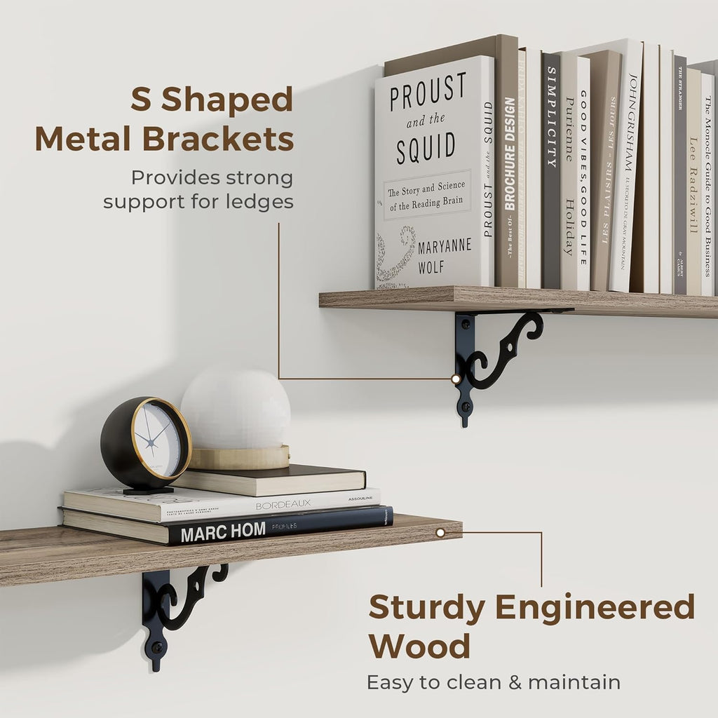 RICHFOCUS Floating Shelves for Wall Decor, 39.4W x 8D Wall Shelves Set of 2, 8 Inch Deep Rustic Wood Shelves Wall Mounted with Brackets, Long Floating Shelves for Living Room Bedroom Kitchen, Grey