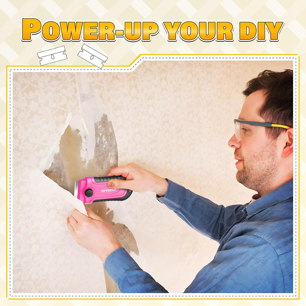 DIYSELF Razor Blade Scraper | 2 Pack Scraper Tool for Cleaning, Glass, Stickers | Paint Scraper | Heavy Duty Razor Scraper | Glass Scraper | 30 Pcs Single Edge Razor Blades for Scraping Included