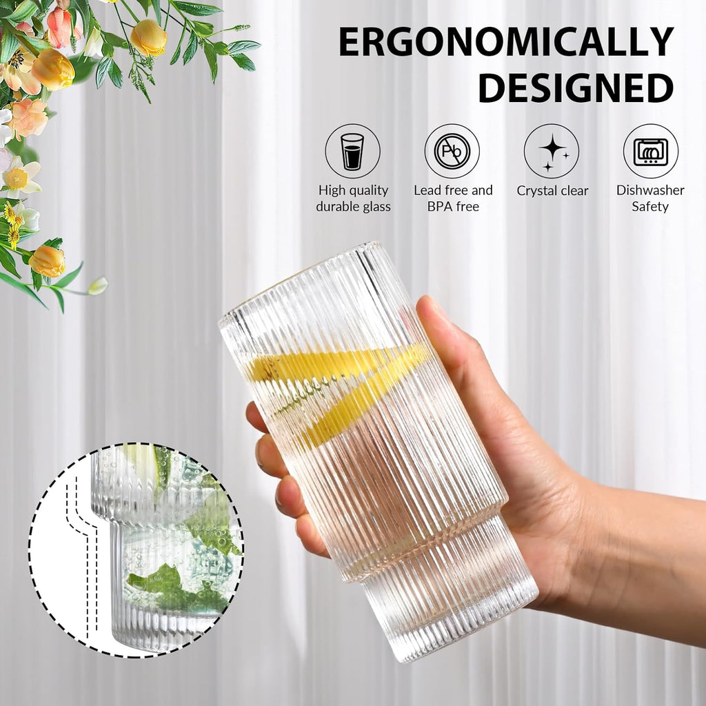 16OZ Ribbed Glass Cups with Lids and Straws,Iced Coffee Cups with Bamboo Lid,Vintage Glassware for Whiskey Cocktail Beer Fruit Juice Glasses Tumbler(2 Pack)