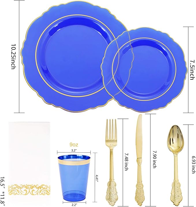 KIRE 210Pcs Blue Plastic Plates with Gold Rim& Disposable Plastic Silverware &Blue Cups&Hand Napkin- Baroque Clear Dinnerware for Hanukkah/Parties/Wedding