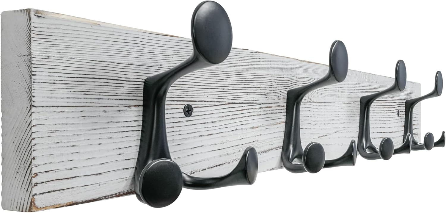 SKOLOO 24-Inch Wood Coat Rack Wall Mount with 4 Triple Hooks - Ideal for Family Entrances, Classrooms, and Pet Supplies Storage - Perfect Coat Hooks for Wall,Distressed White Wash