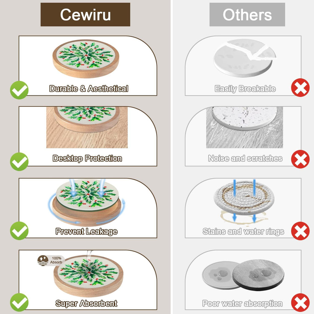 Christmas Coasters Set of 4 with Holder, Cewiru Cup Mat for Drinks, Absorbent Coasters with Felt Insert for Coffee Table Protection, Modern Style Home Dining Table Decor, 4.3"