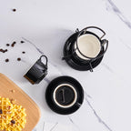 YOLIFE 2.5oz Porcelain Stackable Espresso Cups with Saucers and Metal Stand Set of 4, Stackable Cappuccino Cups, Black Expresso Shots Cup Set for Coffee Drinks, Latte, Tea