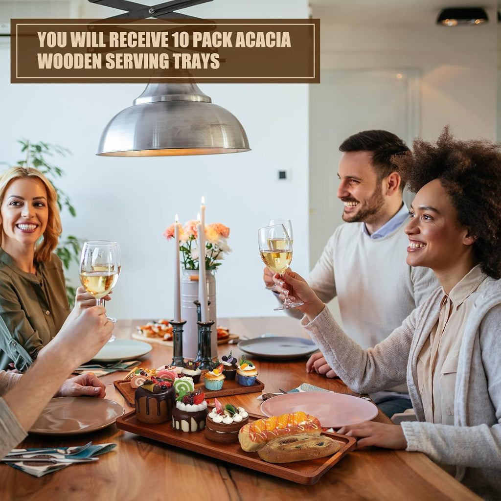 10 Pack Solid Wood Serving Trays 16.7 x 6.4 Inch Acacia Wooden Server Platter Rectangular Charcuterie Boards with Grooved Handle for Home Room Coffee Cheese Appetizer Table Farmhouse Serving Decor