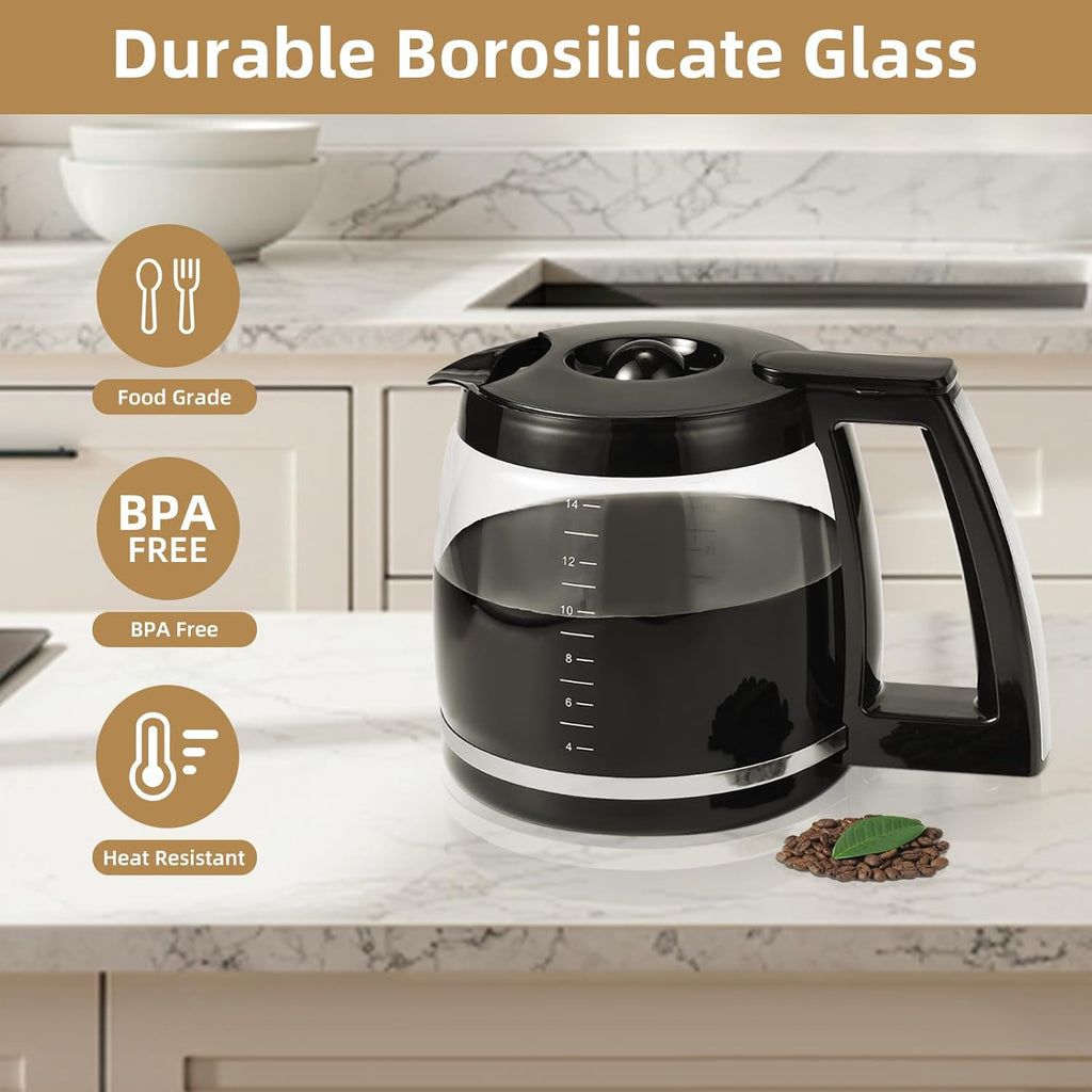 14-Cup Glass Coffee Carafe Replacement Compatible with Cuisinart Models DCC-3200P1, DCC- 3200, DCC-2200RC, Coffee Pot Replacement 14 Cup with Ergonomic Handle and Dripless Spout