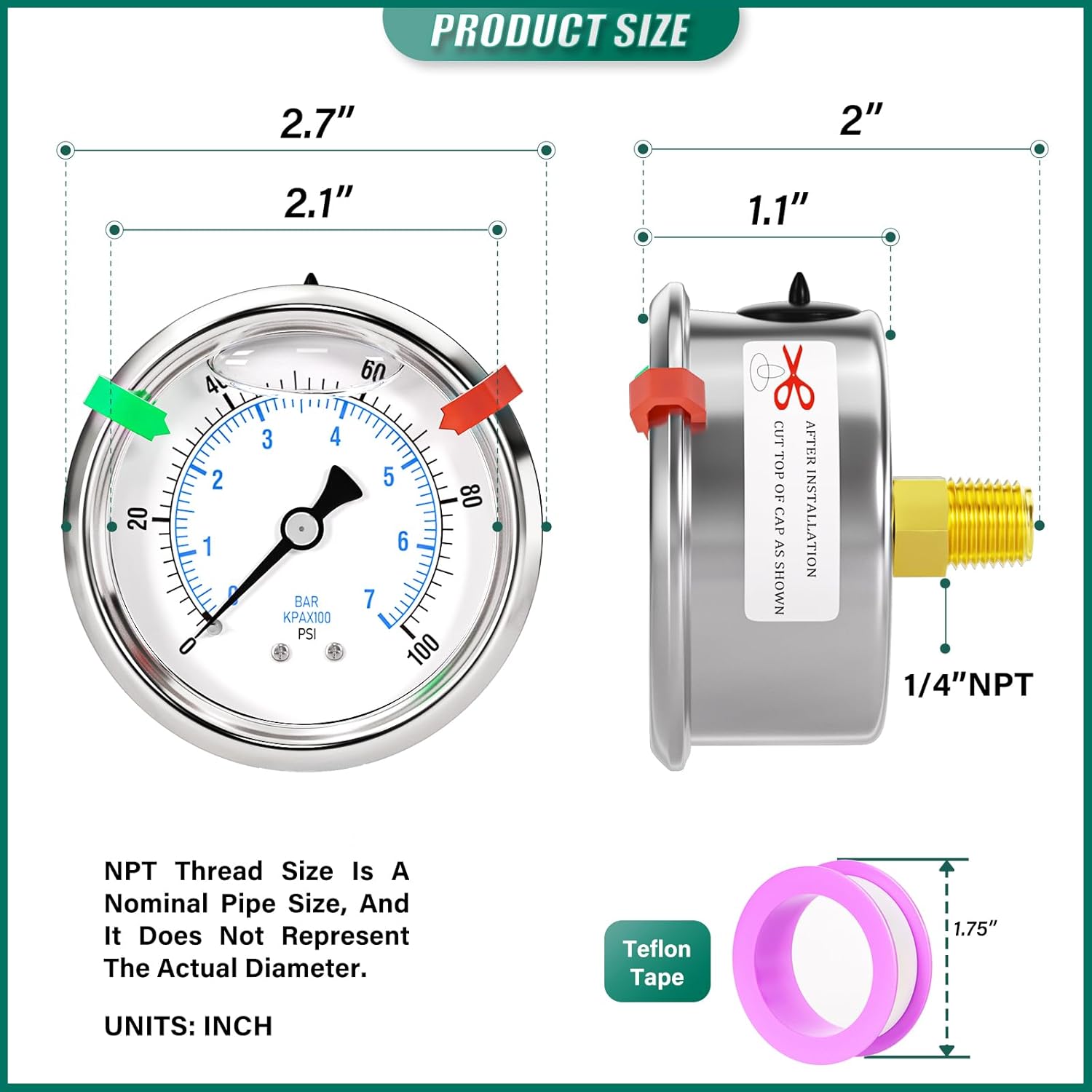 0-100psi Stainless Steel Glycerin Liquid Filled Pressure Gauge 1/4" NPT 2.5" Face Dial Center Back Mount, for Water, Oil and Air Pressure Testing (with Range Mark Pointer)