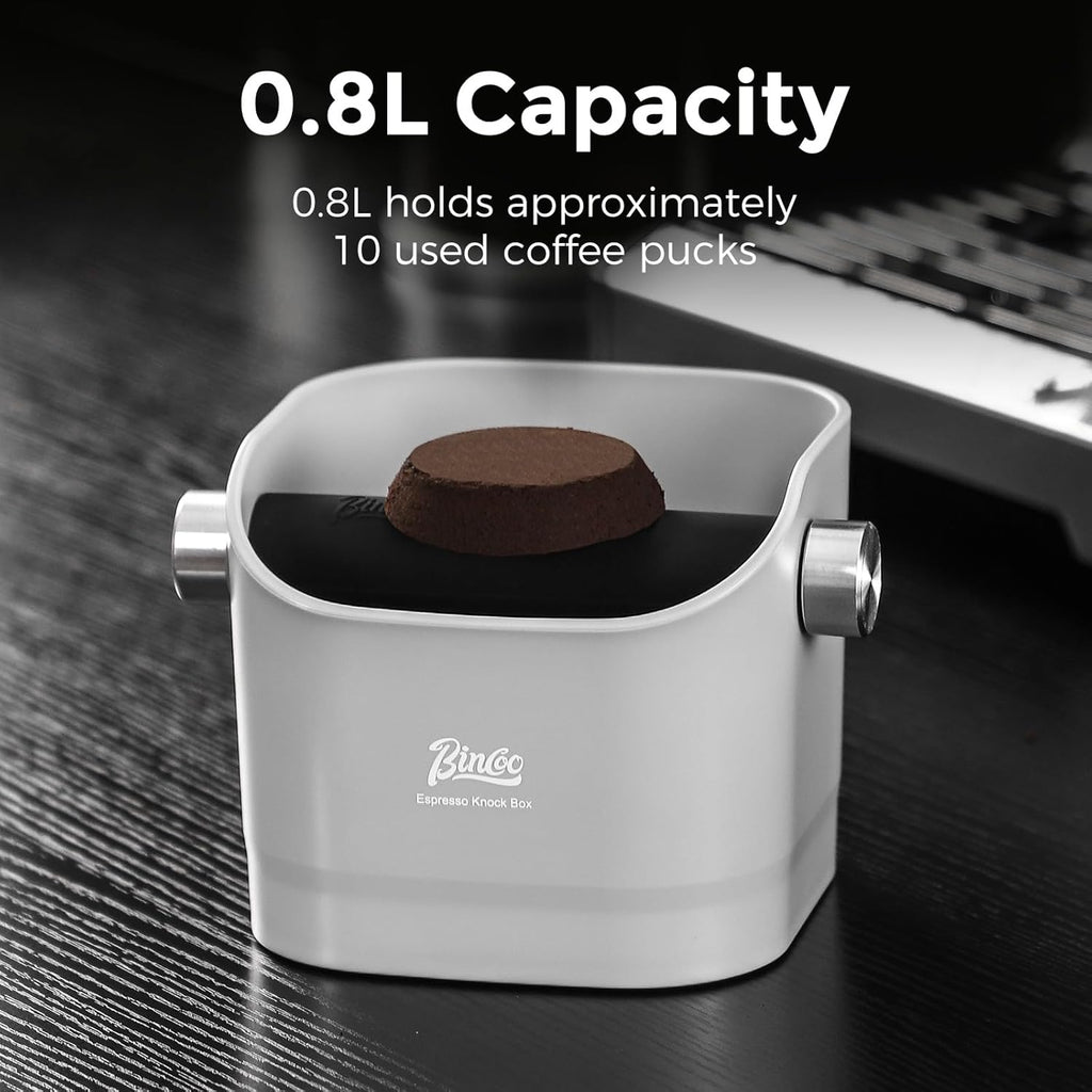 Bincoo Square Coffee Knock Box 0.8L –ABS Espresso Knock Bin with Non-Slip Base, Wide 4.6" Slanted Opening & Detachable Silicone Knock Bar for Easy Cleaning and Quiet Use(Gray(square))