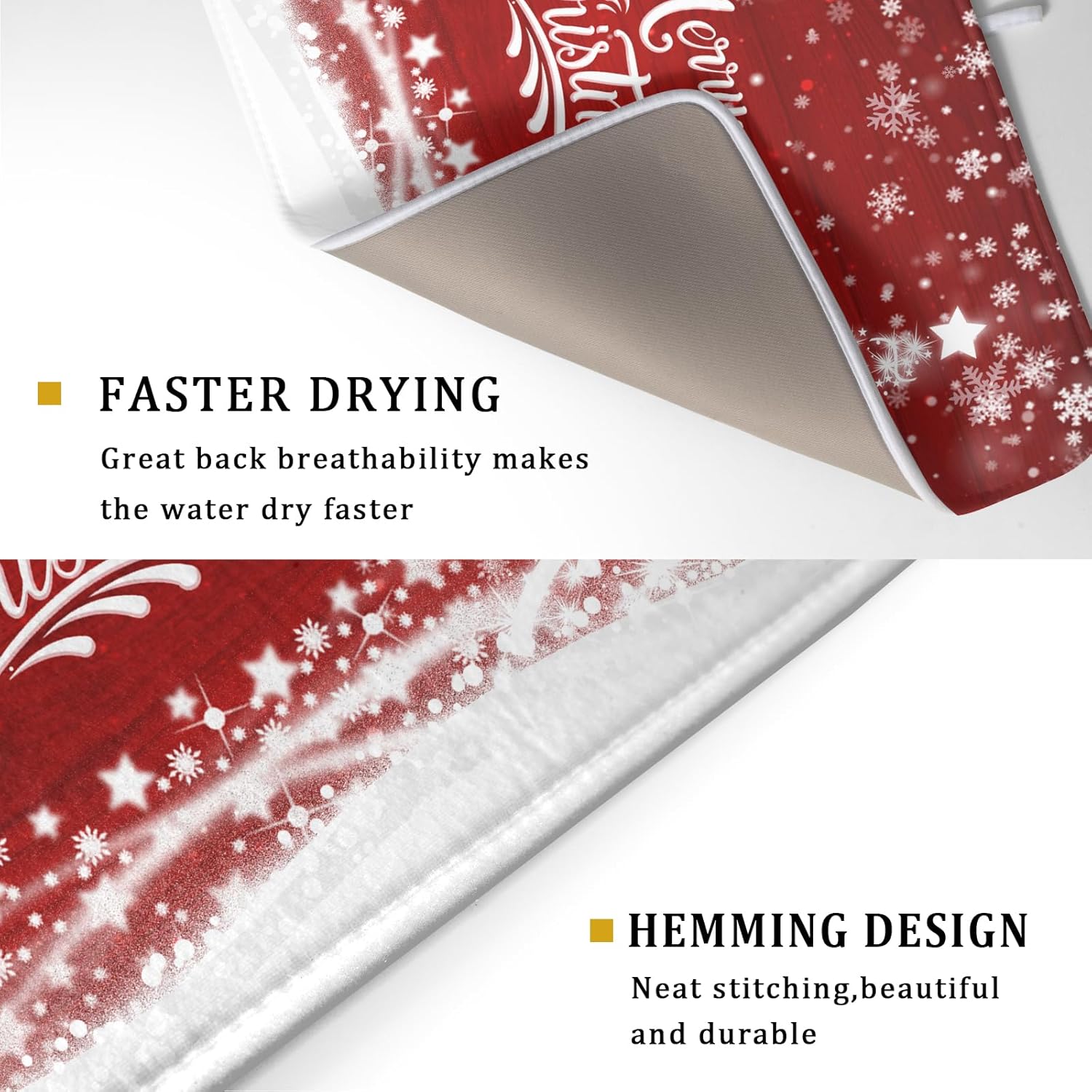 Merry Christmas Dish Drying Mat for Kitchen Counter Winter Snowflake Pine Fast Absorbent Red Drying Mat 18x24 Inch Xmas Jingle Bells Decoration Dishes Pad Dish Drainer Rack Mats Holiday Decor