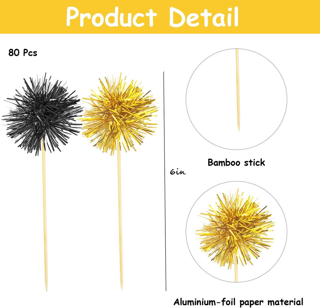 80 Pcs Firework Cupcake Topper Gold Graduation Cake Decorations Foil Frill Toothpicks for Party Decoration, Cake Toppers, Picnics, Bar, Birthday, Holiday (Black, Gold)
