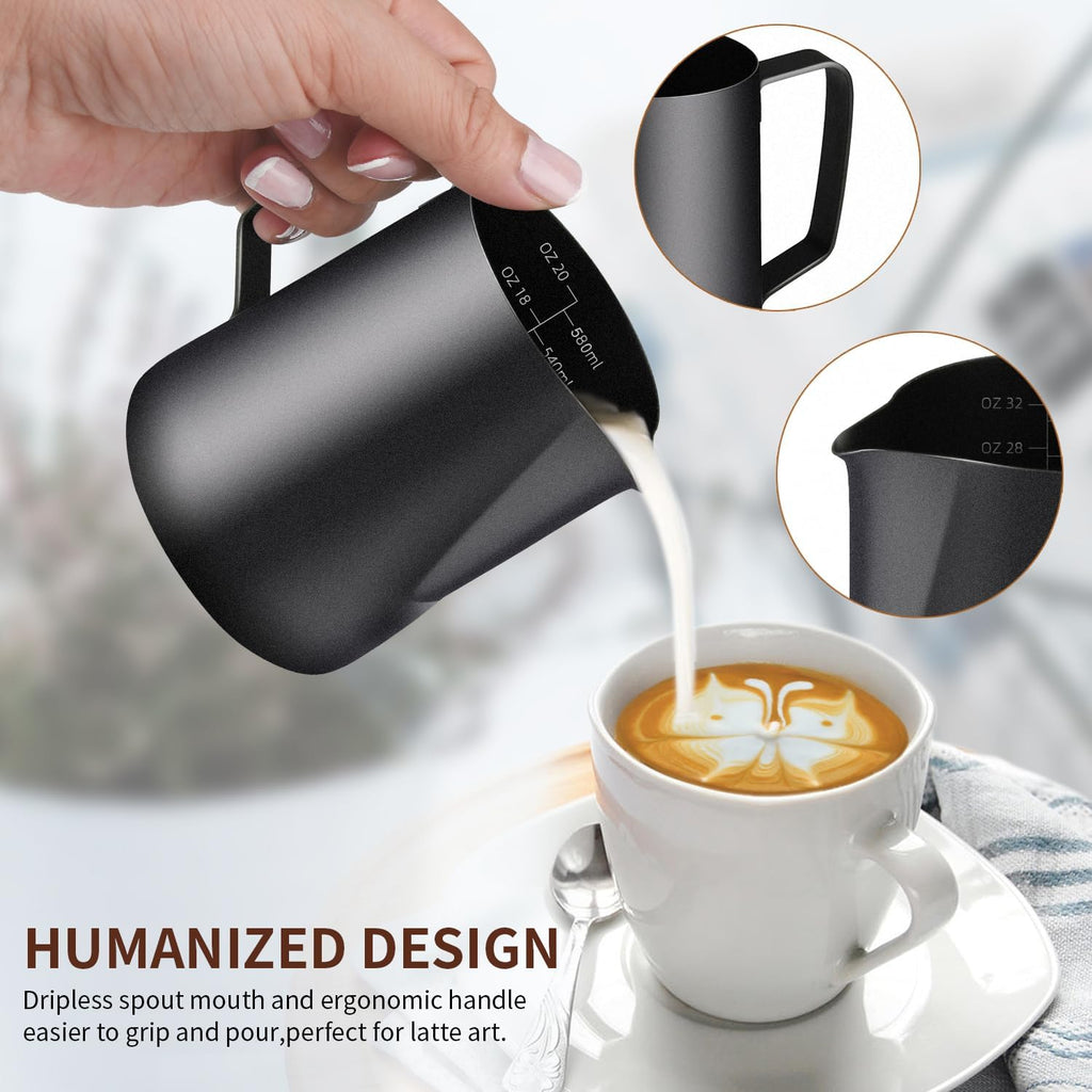 Milk Frothing Pitcher, 20OZ/600ML Stainless Steel Espresso Steaming Pitcher Coffee Milk Frother Cup with Decorating Art Pen for Espresso Machine, Milk Frother, Latte Art Black