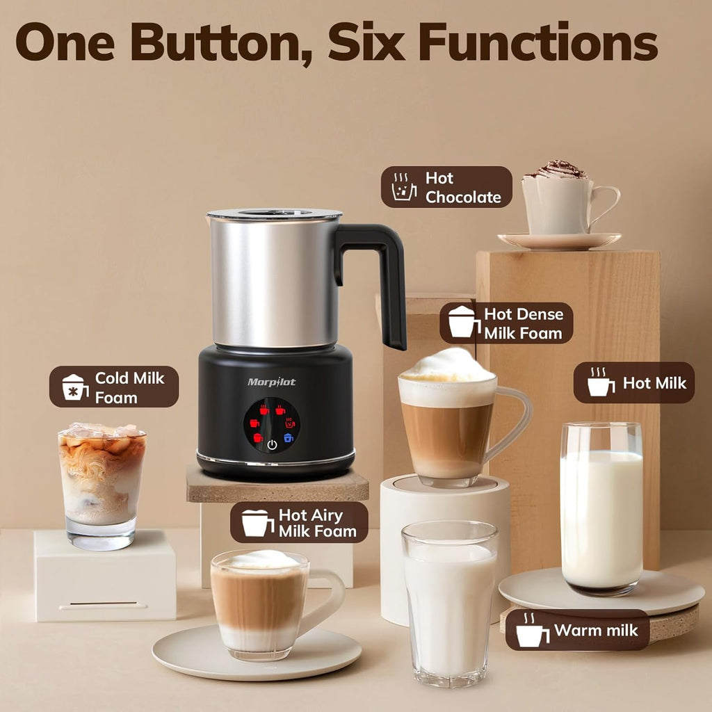 Large Electric Milk Frother and Steamer, 16.9oz/500ml Milk Steamer and Frother for Latte or Hot Chocolate, Dishwasher Safe, 6 Functions, Enjoy Perfect Milk Froth in 2 Min (Black-Stainless Steel)