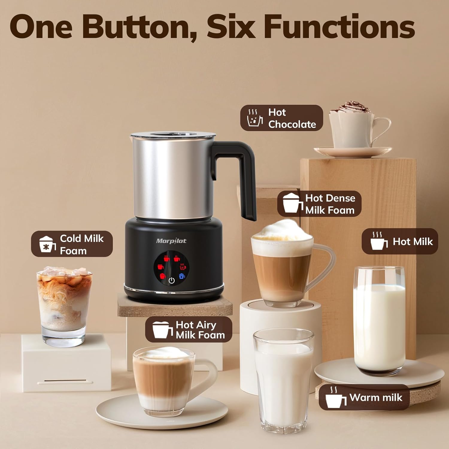 Large Electric Milk Frother and Steamer, 16.9oz/500ml Milk Steamer and Frother for Latte or Hot Chocolate, Dishwasher Safe, 6 Functions, Enjoy Perfect Milk Froth in 2 Min (Black-Stainless Steel)