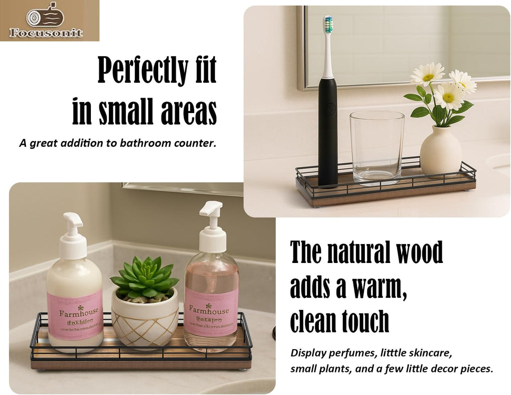 Acacia Wood Bathroom Vanity Tray, 11" L Small Countertop Tray for Dresser, Table, Kitchen Counter, Coffee Bar