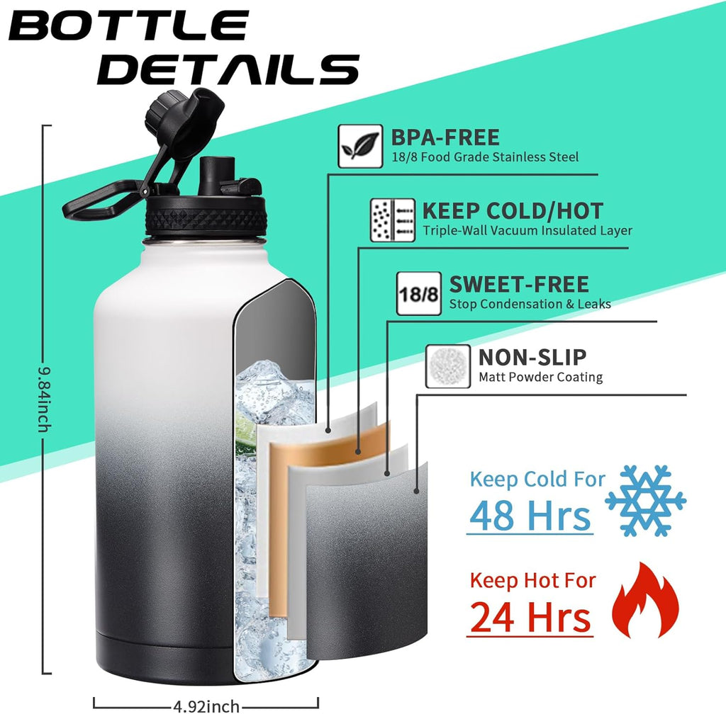 64OZ Stainless Steel Water Bottle with Paracord Handle, Straw/Spout Lid, Half Gallon Vacuum Insulated Water Flask Jug, Leak-Proof Large Sports Jug for Biking Travel Camping