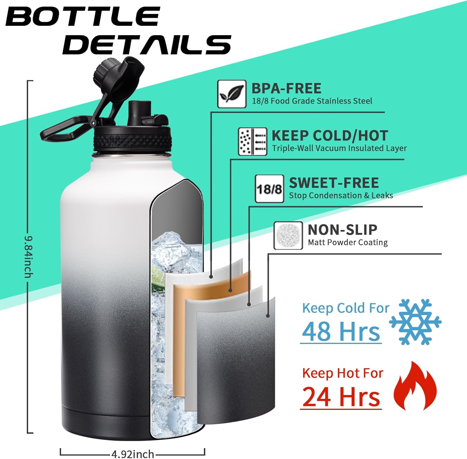 64OZ Stainless Steel Water Bottle with Paracord Handle, Straw/Spout Lid, Half Gallon Vacuum Insulated Water Flask Jug, Leak-Proof Large Sports Jug for Biking Travel Camping