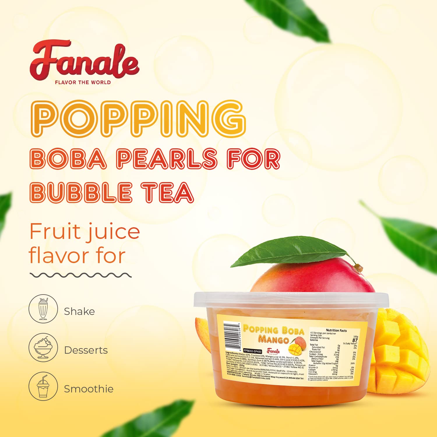 Fanale Popping Boba Pearls for Bubble Tea - 2 lb (1 lb X 2) | Mango | Bursting Boba Pearls Bubble 450g X 2 | Real Fruit Juice for Shakes, Dessert, Smoothie | FPB002-SP450 X 2