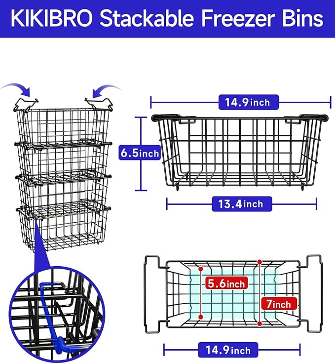 Freezer Organizer Bins - Fit 10 to 20 Cu.FT Deep Freezer, Stackable Chest Freezer Organizer Sort Frozen Food and Easily Get with Handle, 4 Pack Chest Freezer Bins, Black