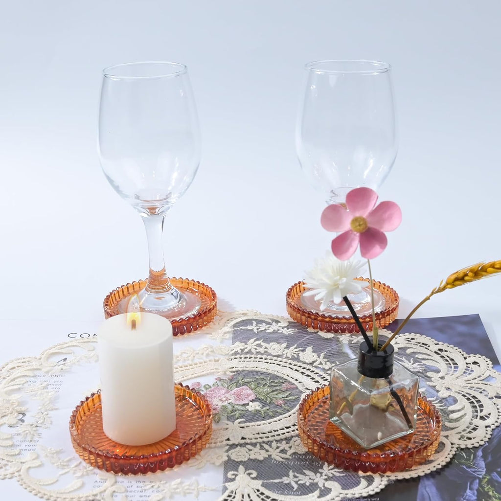 Glass Coaster 6 Pack Round Cup Coasters for Drinks,Crystal Coffee Coaster,Stylish Drink Coasters for Kitchen Bar Dining Room Living Room Office Decor and Jewelry Storage,Amber