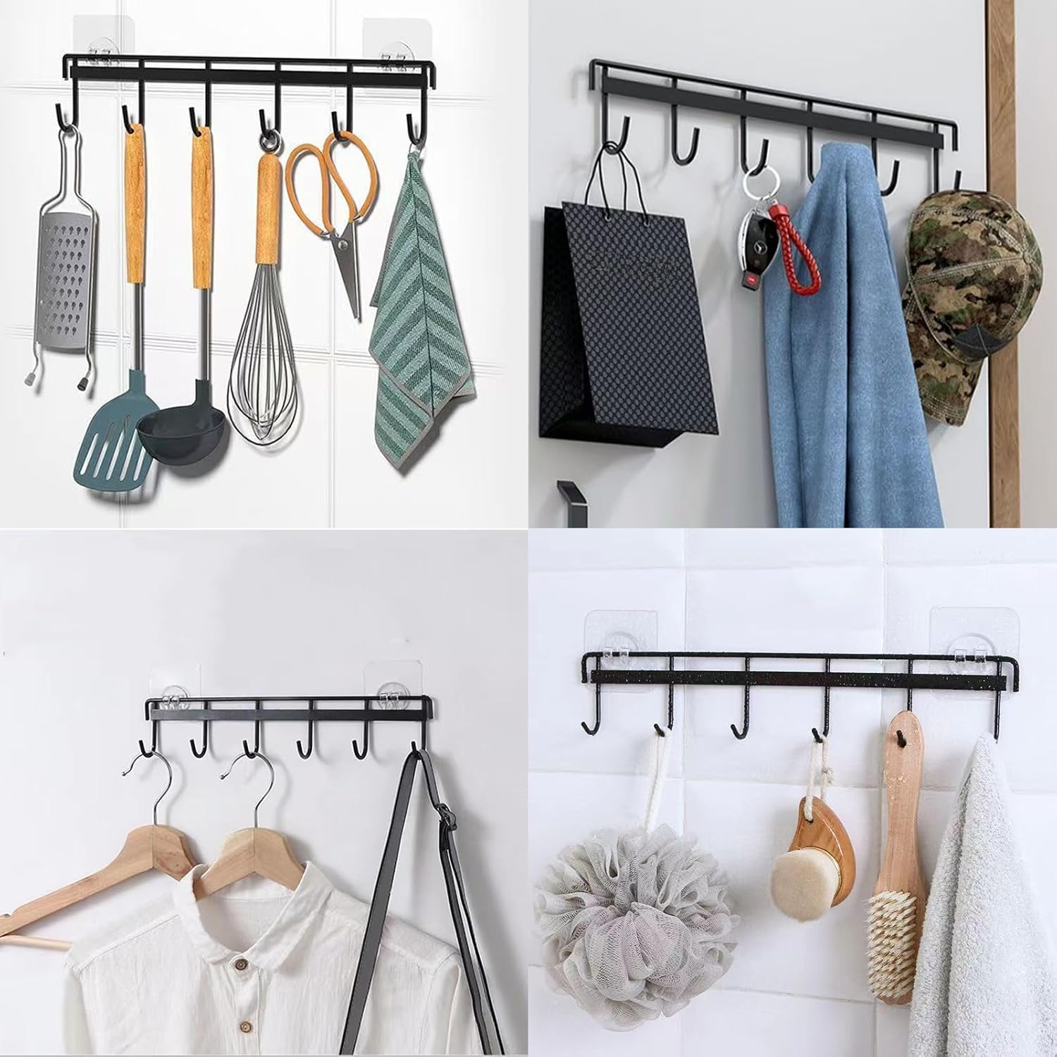 Myfolrena Adhesive Kitchen Hooks Utensil Hanger Holder Hanging Rack 2 Pack, Hanging Rack Wall Mounted Kitchen Rail for Spoons Pot Coffee Mug Cups Tags(Black)