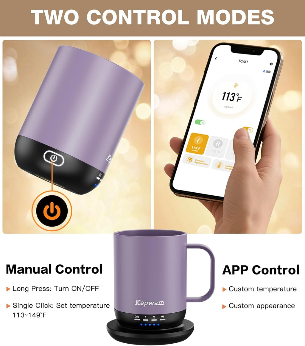 Self Heating Coffee Mug T1-16oz Fast Heating & Ultra Long-Lasting Battery Life, Heated Coffee Mug Up to 149℉ - Touch & App Controlled Coffee Mug, Birthday Gifts for Women and Men