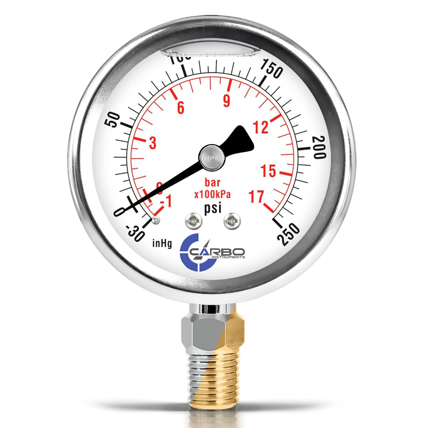 Stainless Steel Pressure Gauge Dual Display (-30 Hg - 0-250 psi/kPa) - 2 1-2" Glycerine Liquid Filled Water Air Oil Gas Gauge with Polycarbonate Lens - Compound Vacuum - 1/4" NPT