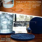 Coasters Set of 6 - Non-Slip Table Coasters for Drinks, Mugs, Glasses, Cups, Bottles - Round Pads with Stylish Groove Patterns & Gold Holder Stand - 4", 0.23" (Navy Blue)