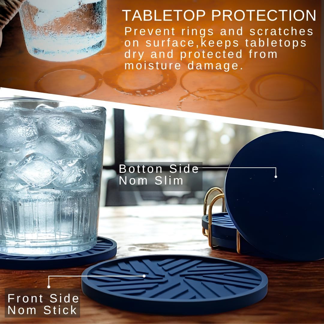 Coasters Set of 6 - Non-Slip Table Coasters for Drinks, Mugs, Glasses, Cups, Bottles - Round Pads with Stylish Groove Patterns & Gold Holder Stand - 4", 0.23" (Navy Blue)