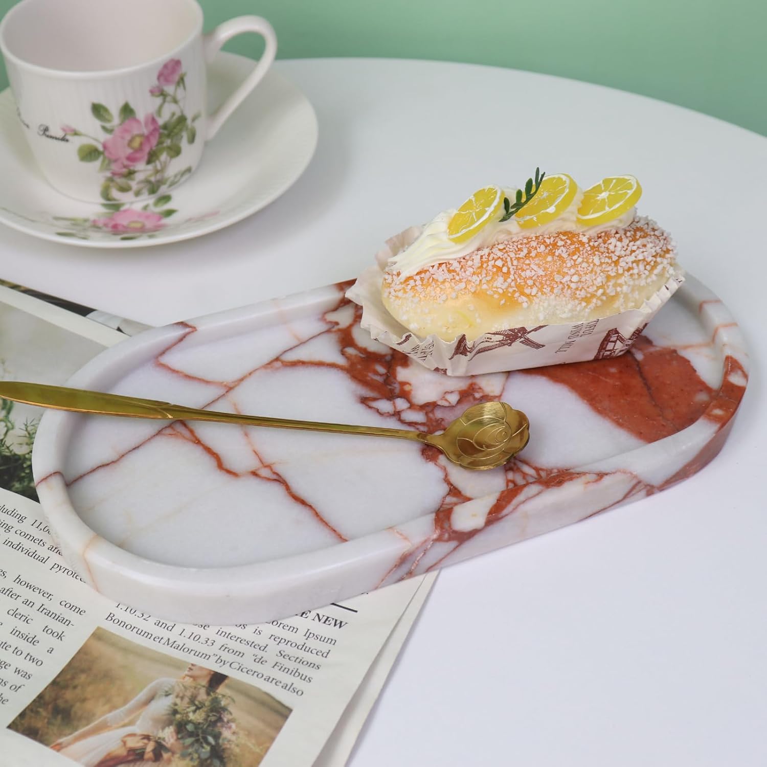 Natural Marble Tray, Oval Vanity Decorative Tray for Bathroom Counter, Countertop Stone Organizer, Catchall Tray for Kitchen, Perfume, Candles, Jewelry Dish Decorative Tray