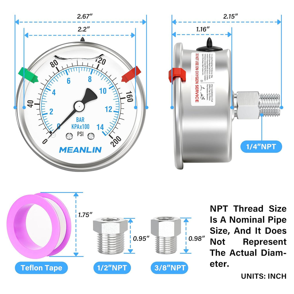 MEANLIN MEASURE 0~200Psi Stainless Steel Liquid Filled Pressure Gauge 2.5" FACE DIAL 1/4" NPT for Air Compressor Air Regulator Water Filter Back Mount with Stainless Steel Hex Bushing and Snaps