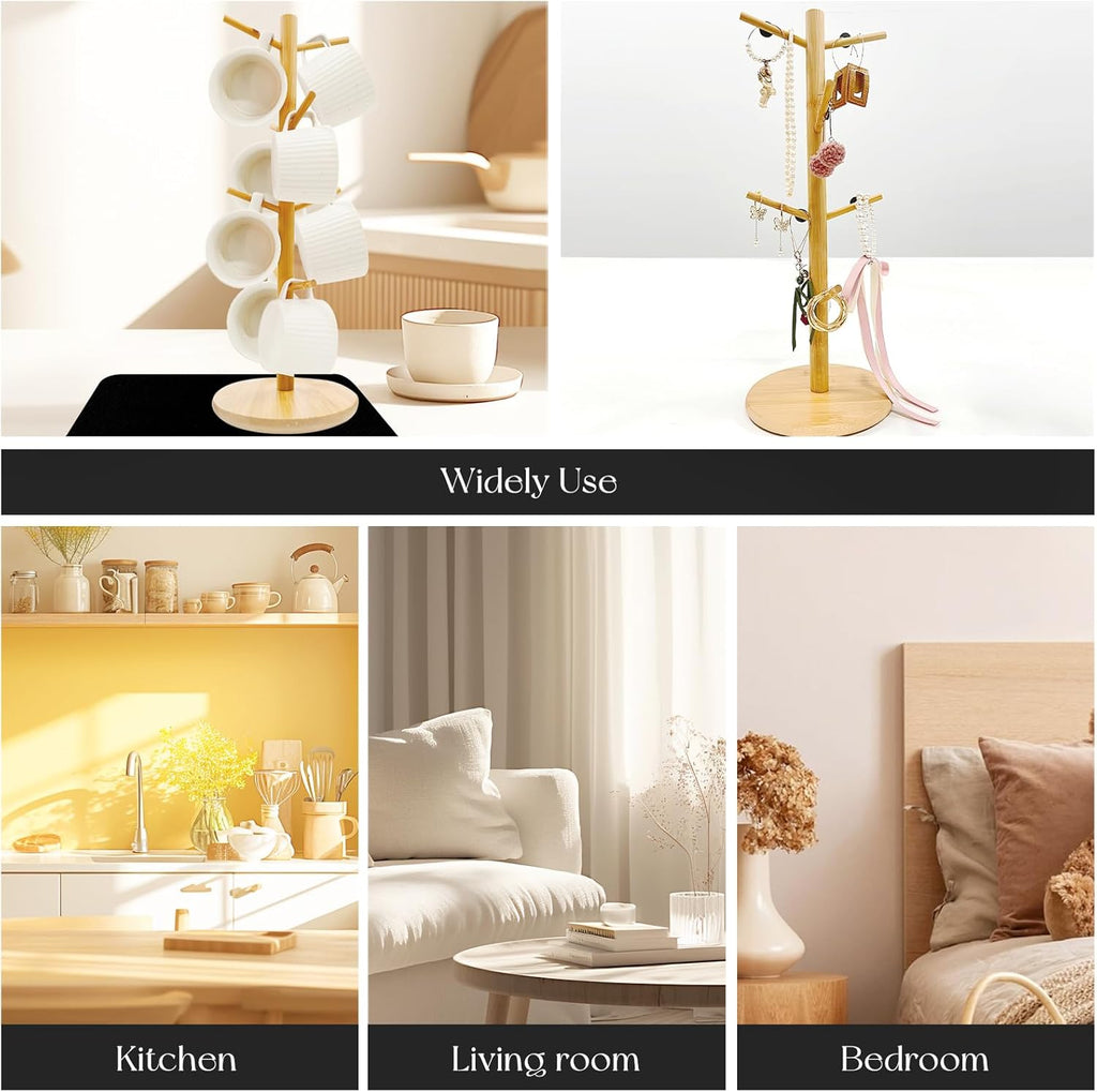 SNAIL GARDEN Wood Coffee Mug Holder With 8 Hooks, Cup Stand With Drying Mat, Tree Hanger Rack for Counter, Bar Accessories and Decor, Station Organizer