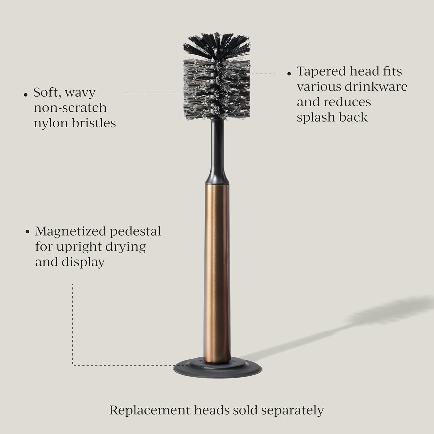 Ionic Bottle Brush, Magnetized to Stand Upright, Stainless Steel with Replaceable Head, Bronze