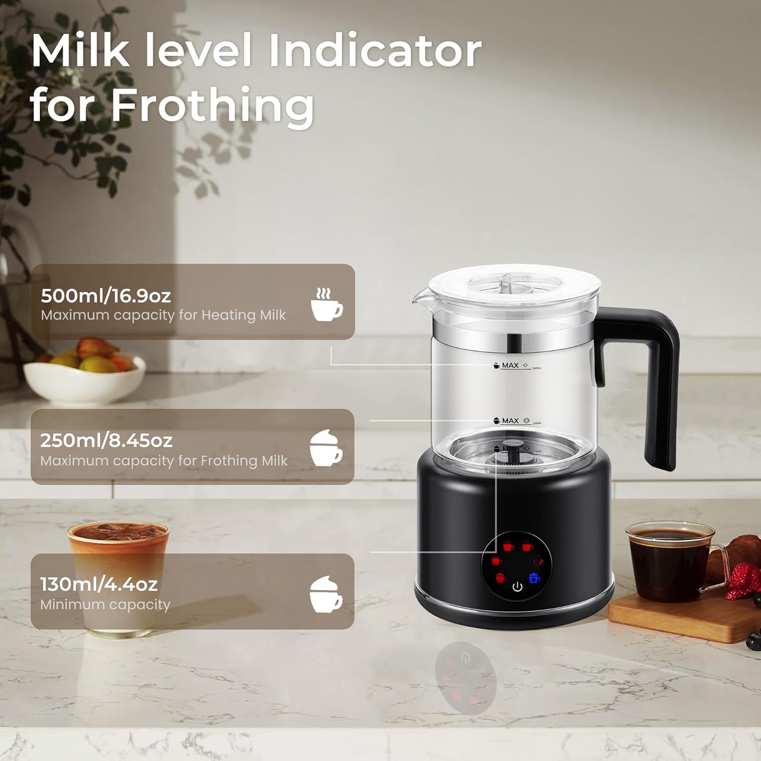 Electric Milk Frother, 6 in 1 Milk Steamer,17oz Automatic Warm and Cold Foam Maker for Coffee,Latte, Cappuccino, Macchiato, Hot Chocolate (Black)