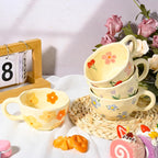 Ceramic Coffee Mug Vintage Flower Mugs 8 oz Cute Floral Coffee Mugs Irregular Latte Art Cup Lead-free Porcelain Cups for Cappuccino, Cocoa (4 Pack)