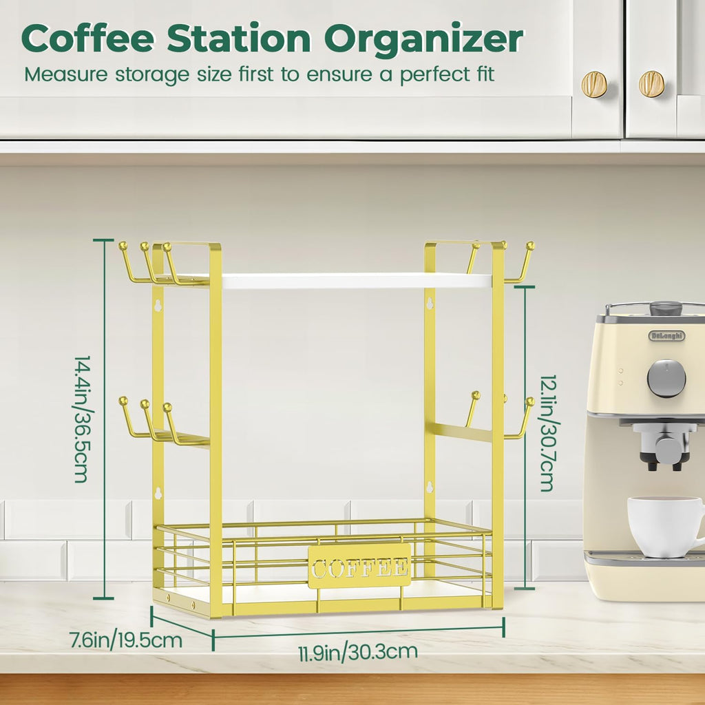 EsLuker.ly Coffee Bar Station Organizer Mug Cup Holder Stand for Countertop, Multi-Functional 2 Tier Mug Tree Rack for Kitchen, Storage Shelf with 12 Hooks, White-Gold