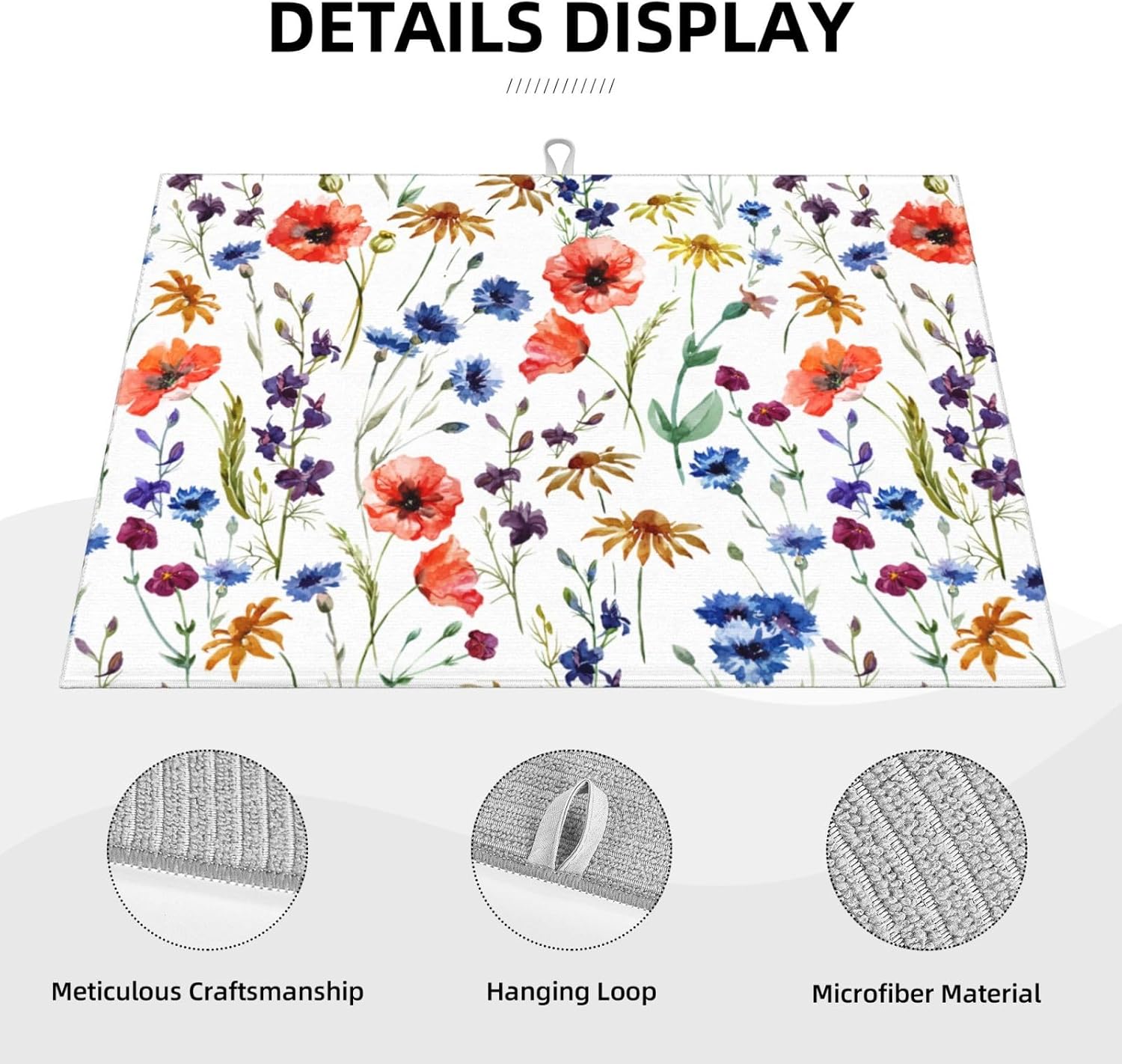 Spring Wildflowers Dish Drying Mats for Kitchen Counter, Watercolor Poppy Cornflower Drying Rack Pad Ultra Absorbent Microfiber Dish Mat for Coffee Countertop Decor 18x24 Inch