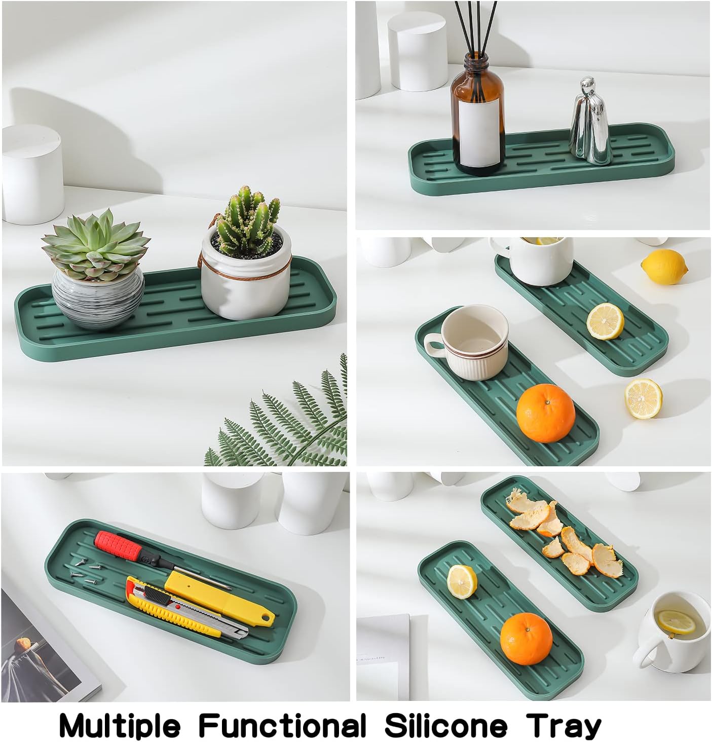 Silicone Kitchen Sink Organizer Tray for Multiple Usage,Eco-Friendly Sponges Holder for Kitchen Bathroom Counter or Sink,Dish Soap Dispenser,Scrubber,Bottle,Cup (Green, 12"×4")