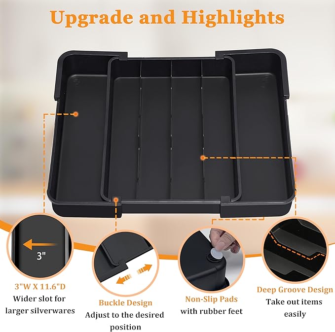 Homecor Silverware Organizer - Large Expandable Kitchen Drawer Organizer Utensil Holder, BPA Free Flatware and Cutlery Tray for Spoons Forks Knives, Plastic Kitchen Organizer and Storage
