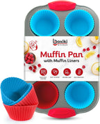 Boxiki Kitchen Non-Stick Steel 6 Cup Muffin Pan with Silicone Handles and Reusable Liners - Perfect for Baking Large Muffins and Cupcakes