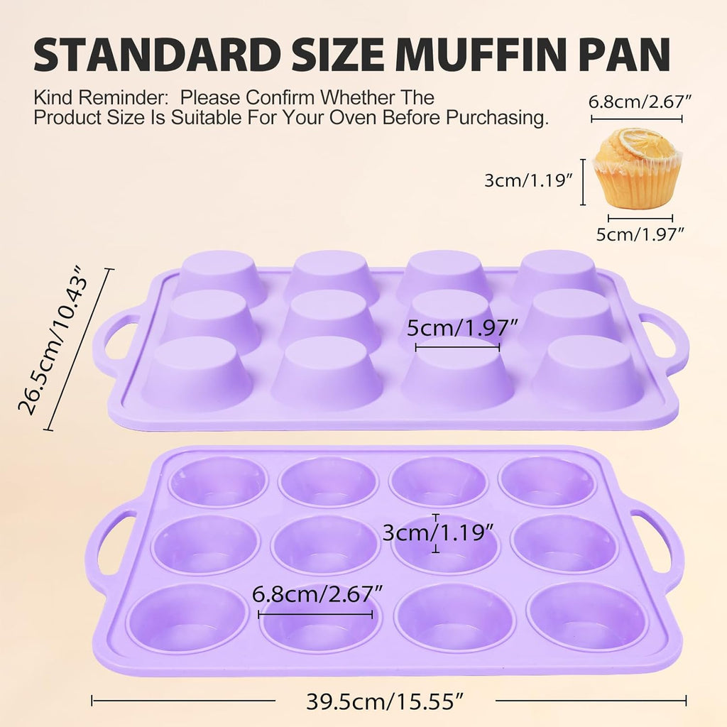 2 Pack Silicone Muffin Pan 12 and 24 Cup with Metal Frame, Non Stick Silicone Mini Cupcake Pan with Handles, BPA Free Silicon Regular Muffin Tin Tray Small for baking, egg bites, Mold Purple