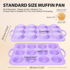 2 Pack Silicone Muffin Pan 12 and 24 Cup with Metal Frame, Non Stick Silicone Mini Cupcake Pan with Handles, BPA Free Silicon Regular Muffin Tin Tray Small for baking, egg bites, Mold Purple