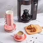 8 Ounce Porcelain Cappuccino Cups with Saucers and Silver Stand, Pink Cups Set of 4