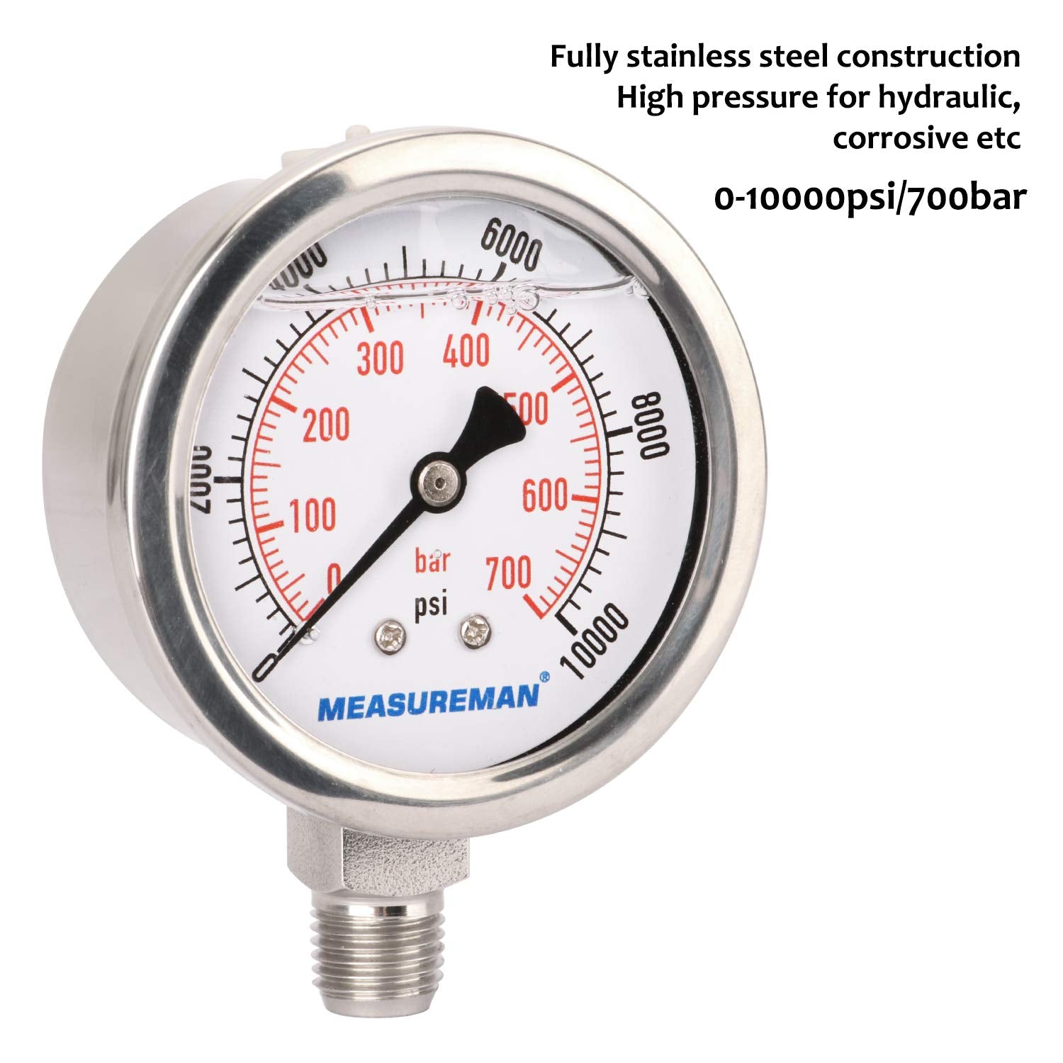 MEASUREMAN 2-1/2" dial,Glycerin Filled Hydraulics Pressure Gauge Stainless Steel case, 316 SS Wetted Part, 0-10000psi/bar1/4 NPT,Lower Mount